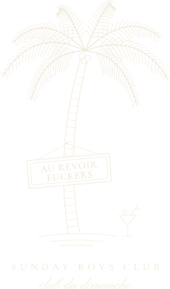 Palme mit Schild Au revoir Fuckers